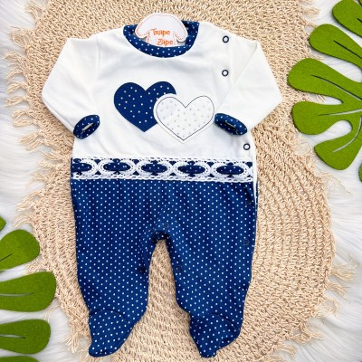 Macacão Trape Zape - Dois corações com Poá - Azul Marinho e Off White